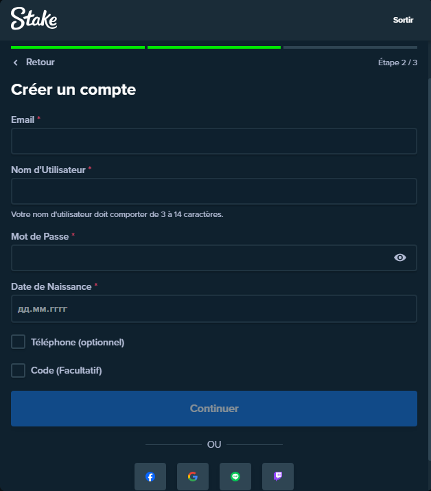 formulaire d'inscription Stake Casino sur mobile